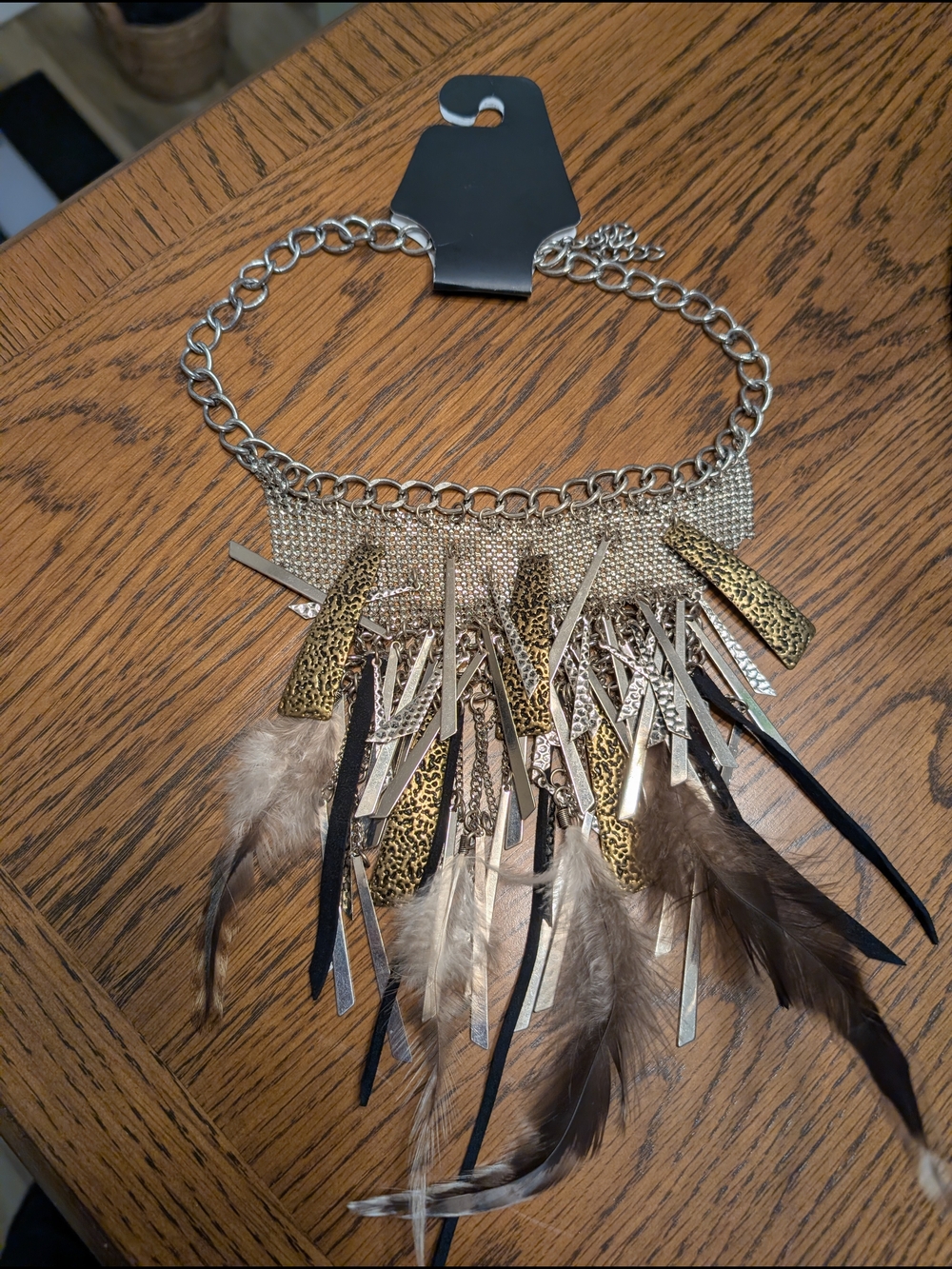 Statement Feather and Mixed-Metal Fringe Necklace - Gold and Brown